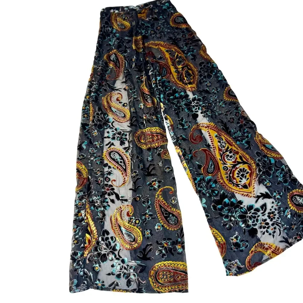 Lioness Velvet Burnout Paisley Wide Leg Pants Women's Small Whimsigoth Festival - Picture 2 of 15